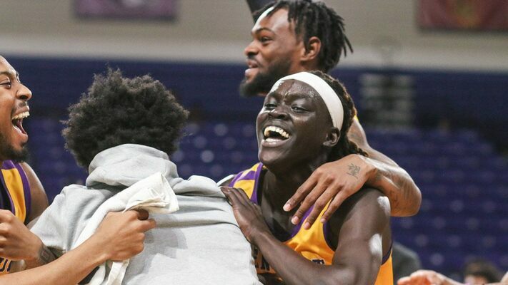 Benedict College Men’s Team celebrate an 82-81 victory over LeMoyne-Owen in the 2023 TIAA SIAC Basketball Championship Tournament presented by Cricket held on the campus of Savannah State University