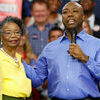 U.S. Senator Tim Scott (R-SC), the only Black Republican senator, stands with his mother Frances, as he announces his candidacy for the 2024 Republican presidential race in North Charleston, South Carolina.